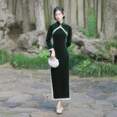Double-Breasted Standing Collar Solid Colour Slim Fit Short-Sleeved Cheongsam With High Slit Maxi Dress